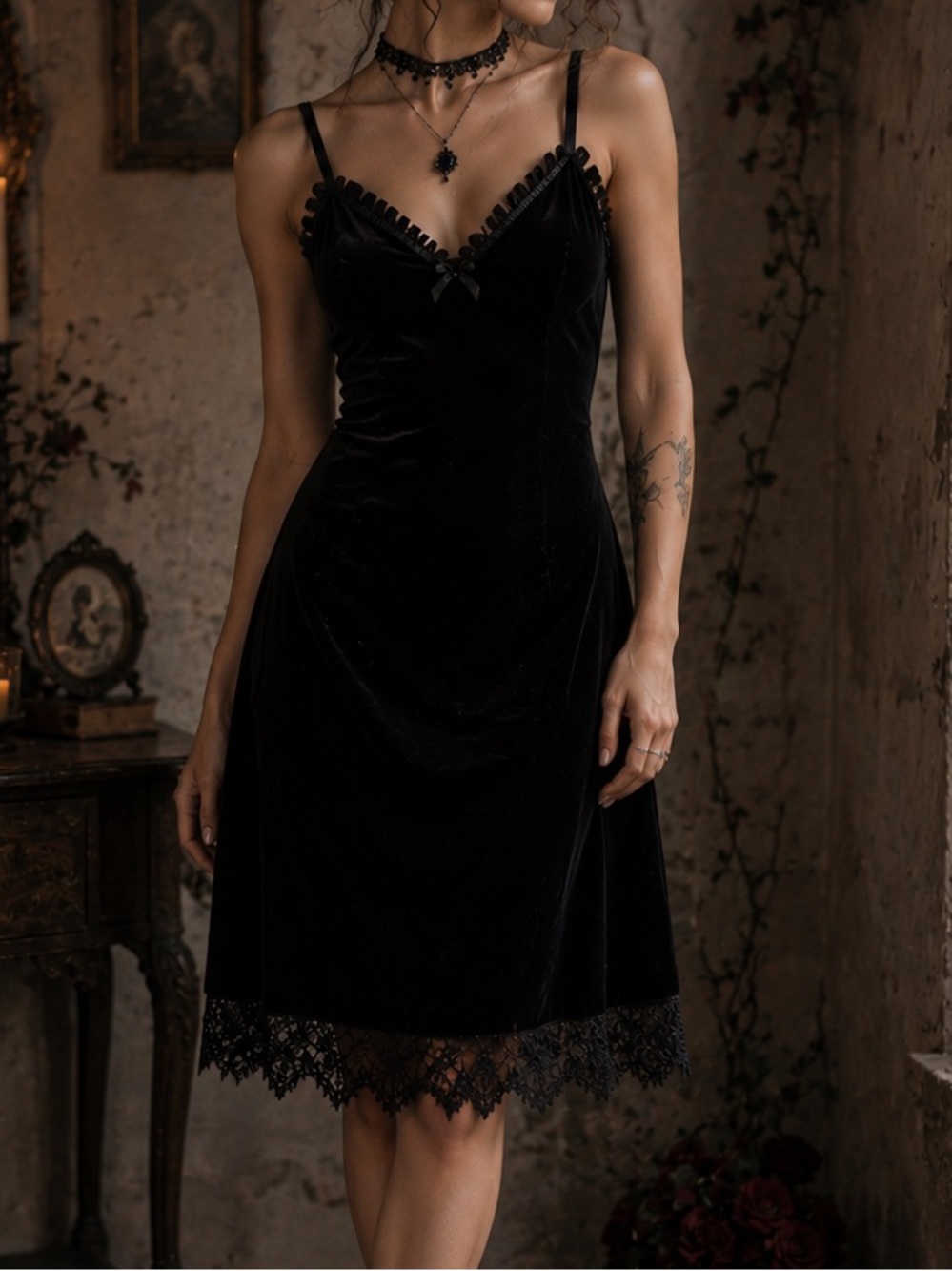Y2K Velvet Lace-Trim Black Mini Slip Babydoll Dress Fairy Whimsigoth Romantic